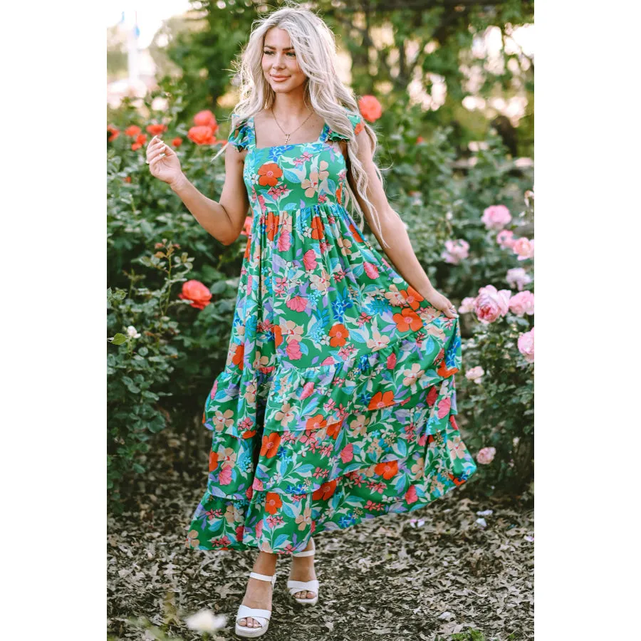 Green Floral Print Sleeveless Ruffle Tiered Maxi Dress