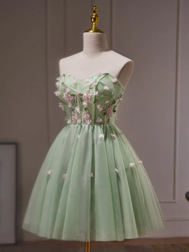 Green Tulle with Flowers Tulle Beaded Party Dress, Green Short Prom Dress