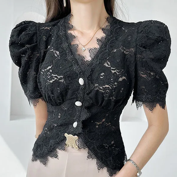 gumzzi  |Plain Short Sleeves Party Style Lace Office Style