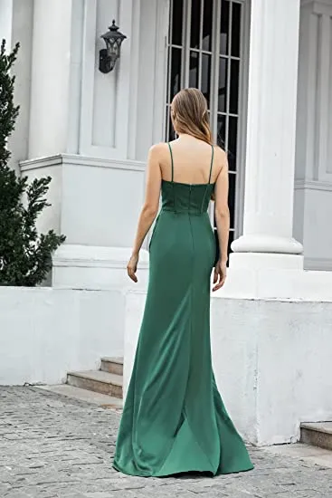 High Slit Spaghetti Satin Ruched Prom Dress