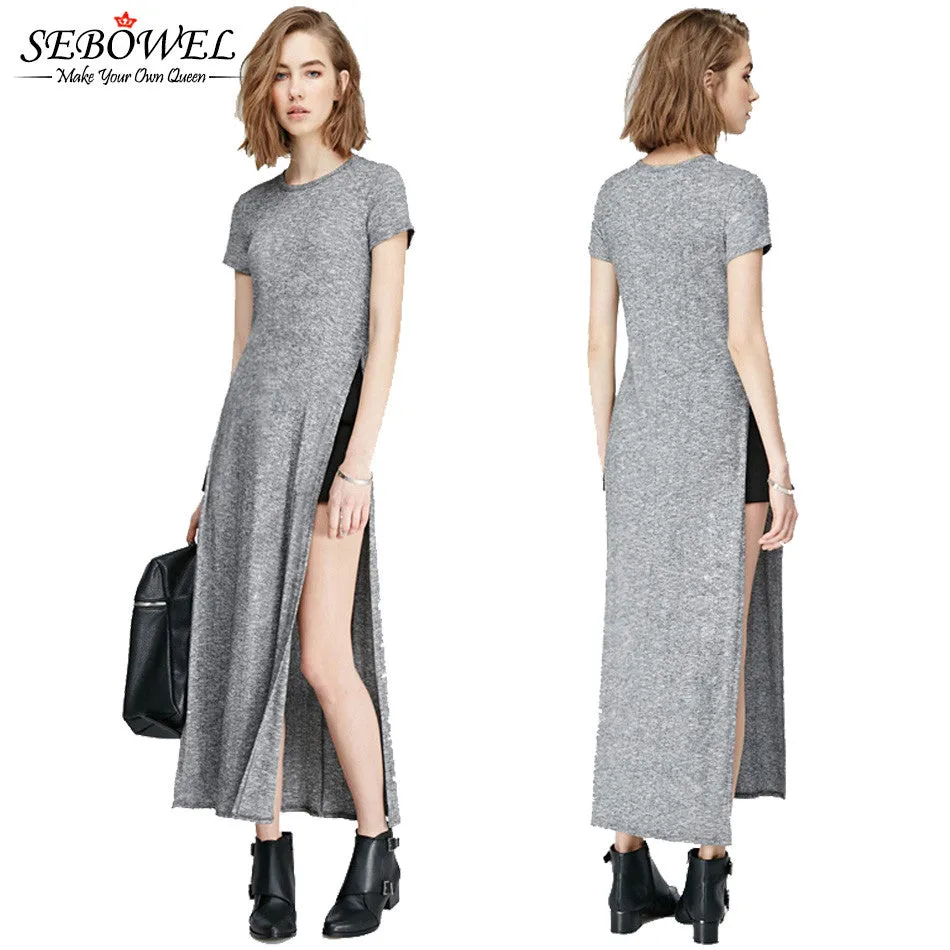 High-Slit Two Sides Bare Legs Elegant Long Dresses Skater Casual Dress Short Sleeve Long Maxi Dress Plus Size SM6