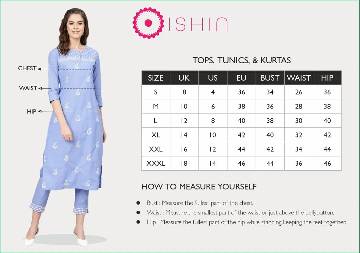 Ishin Women's Blue Yoke Design High Slit Kurta with Trouser & Dupatta