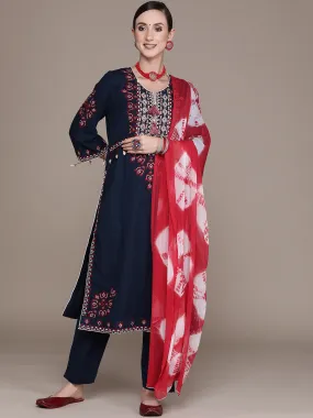 Ishin Women's Navy Blue Embroidered High Slit Kurta with Trouser & Dupatta