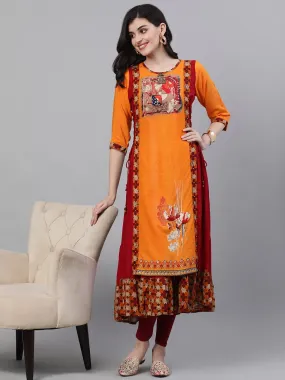 Ishin Women's Orange & Maroon Embellished Layered High Slit Kurta