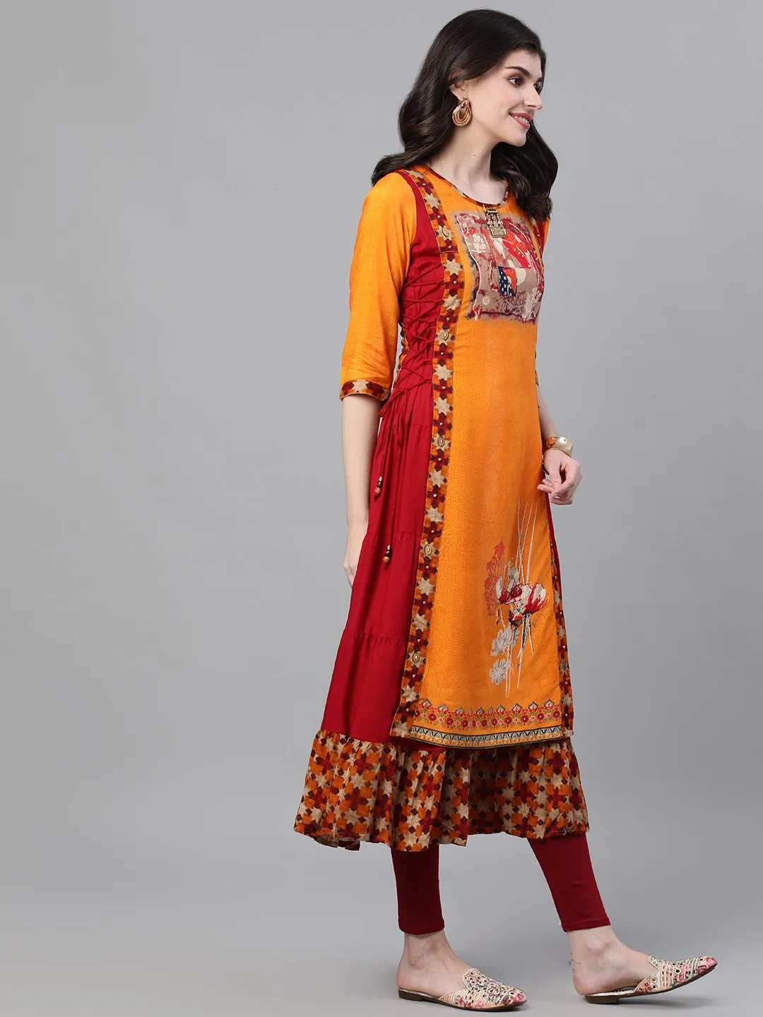 Ishin Women's Orange & Maroon Embellished Layered High Slit Kurta