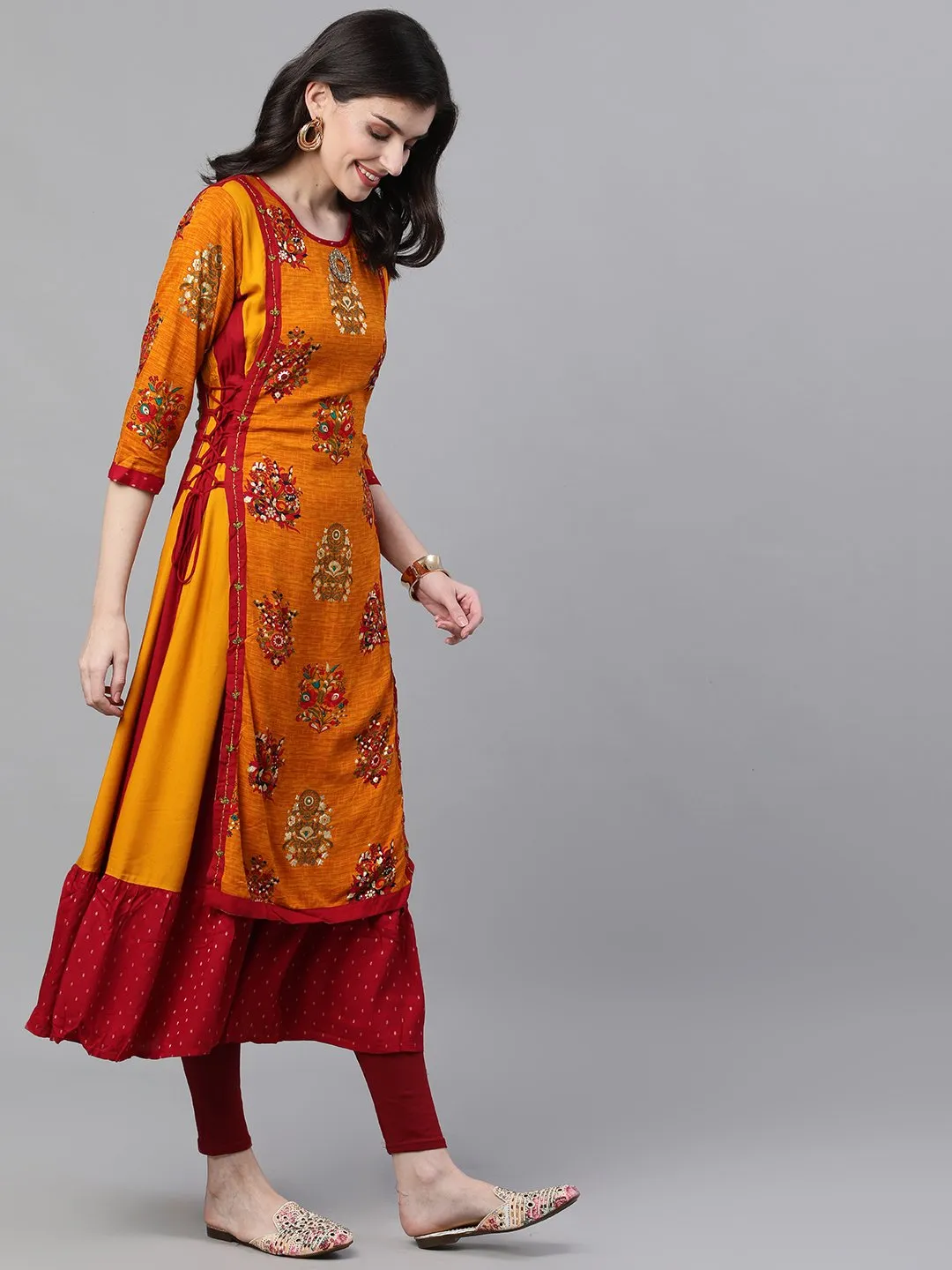 Ishin Women's Rayon Orange & Maroon Embellished Layered High Slit Kurta