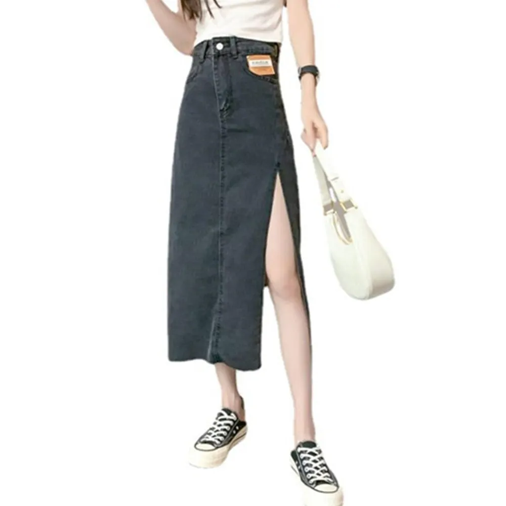 Jeans Long Goth Denim Maxi Skirt Side Slit Women Summer Punk Black Faldas High Waist Korean Streetwear