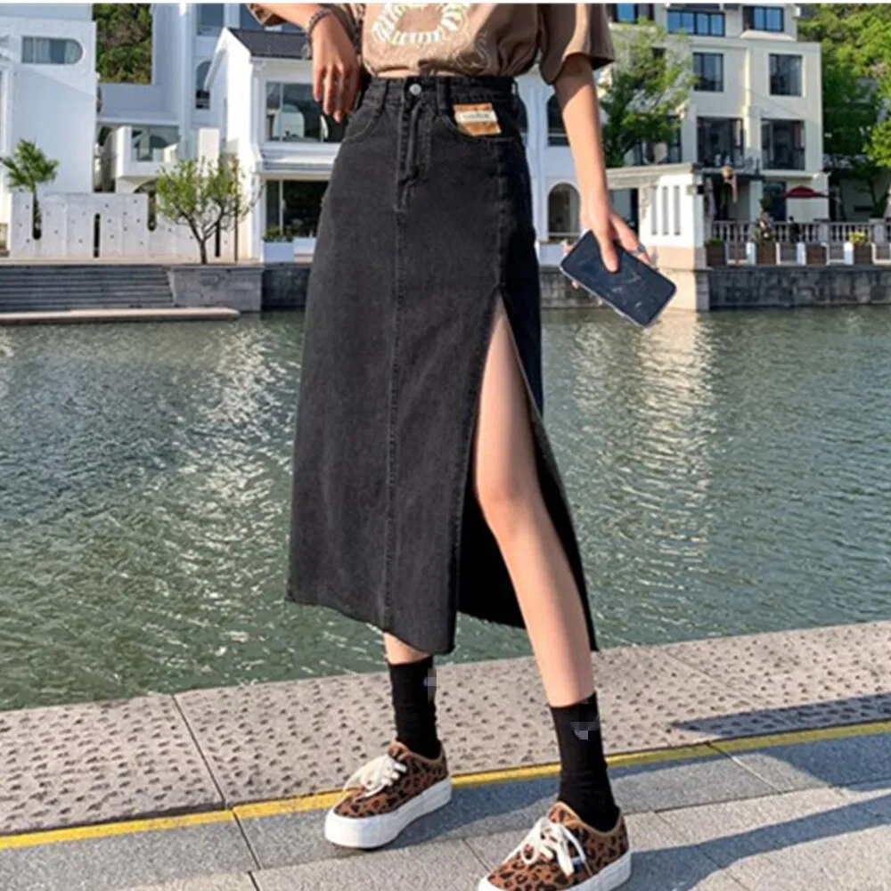 Jeans Long Goth Denim Maxi Skirt Side Slit Women Summer Punk Black Faldas High Waist Korean Streetwear