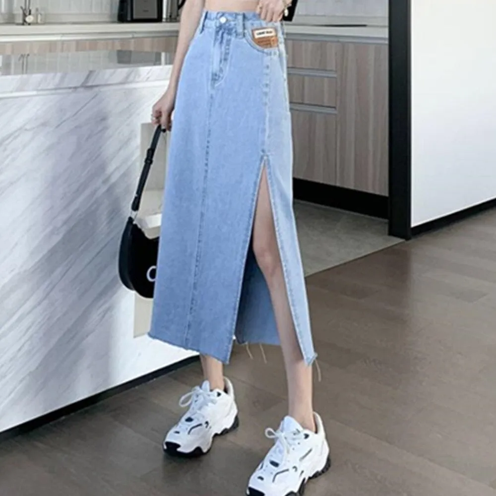 Jeans Long Goth Denim Maxi Skirt Side Slit Women Summer Punk Black Faldas High Waist Korean Streetwear