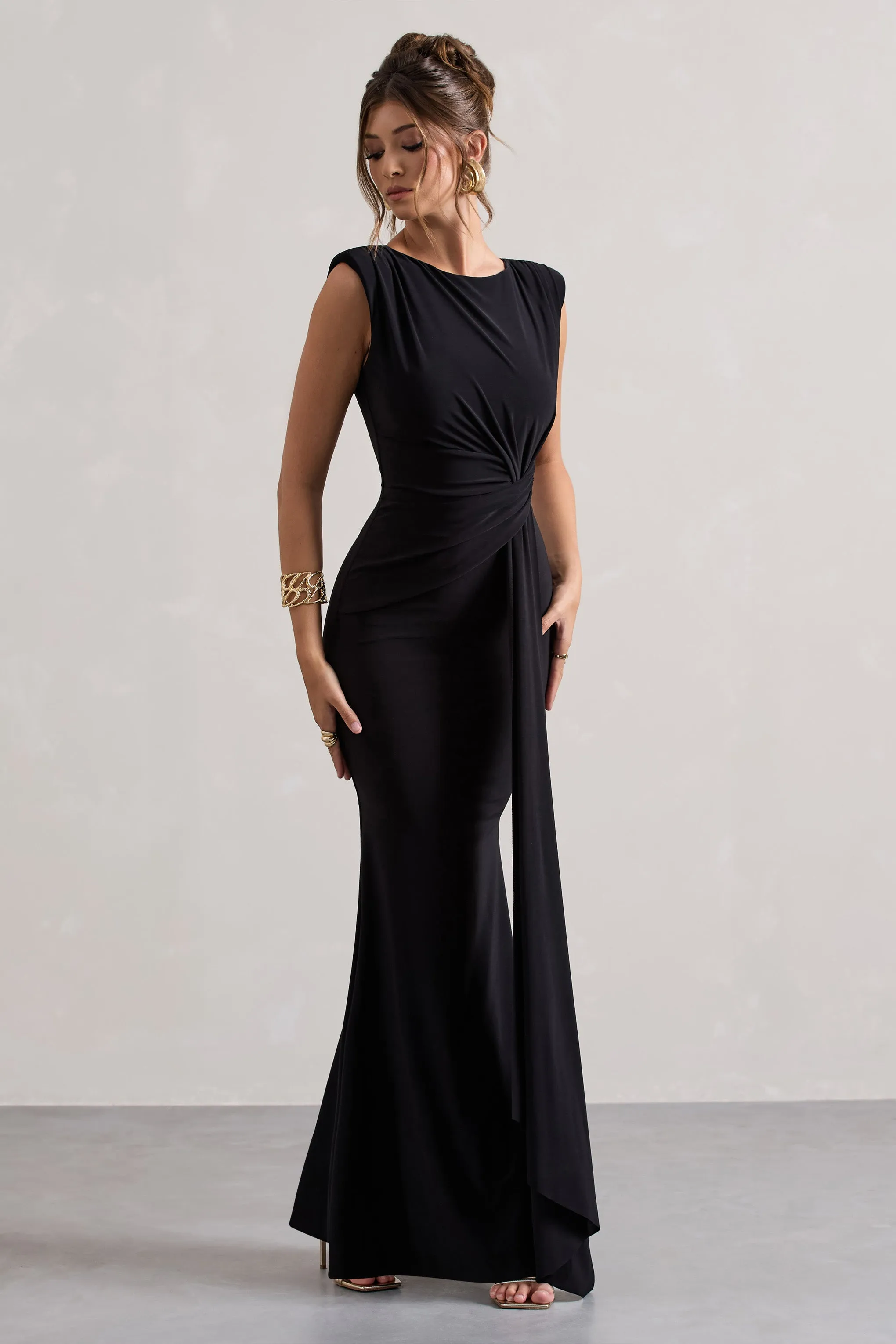 Kadie | Black Sleeveless Gathered Maxi Dress With Drape