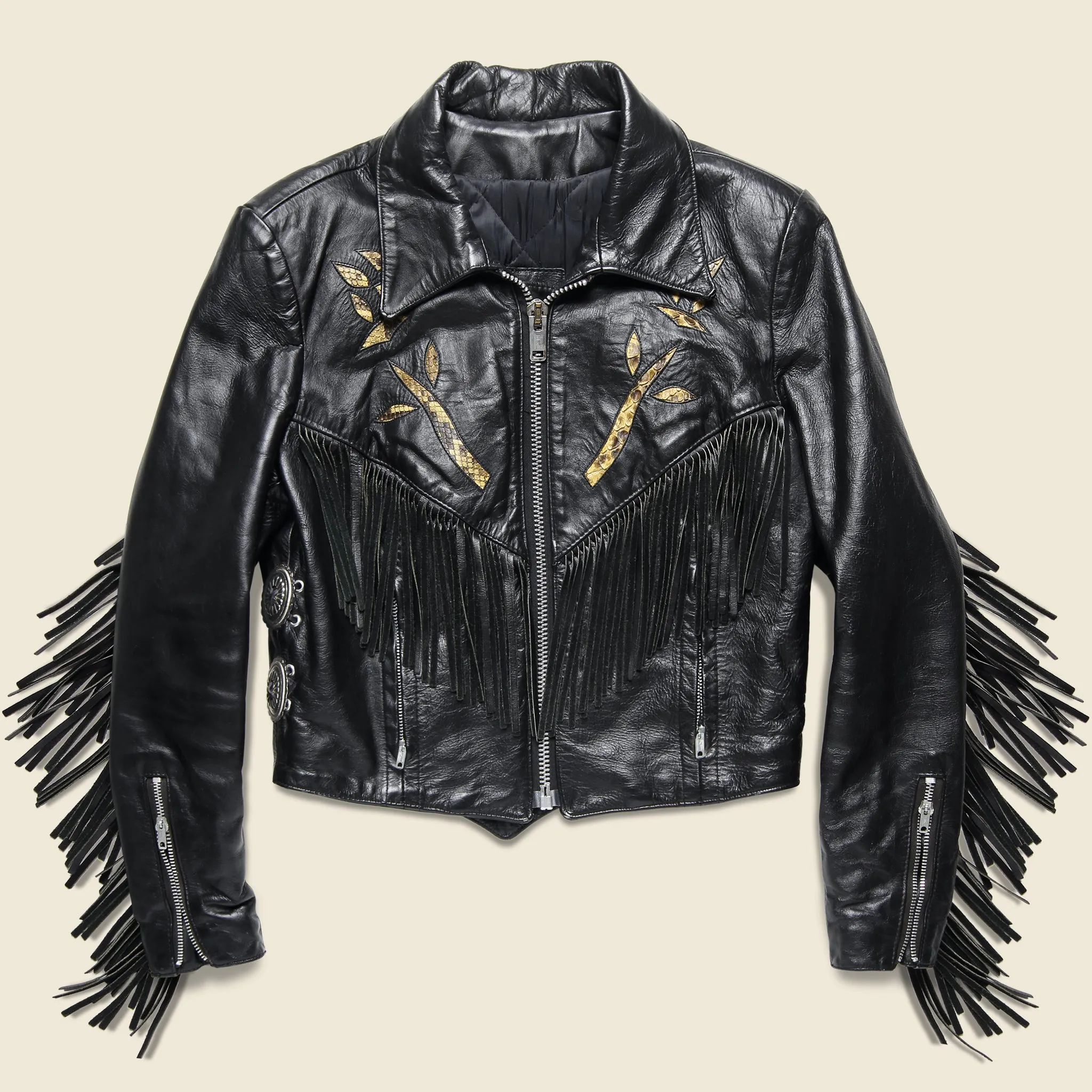 Leather Rider Concho & Tassle Biker Jacket - Black