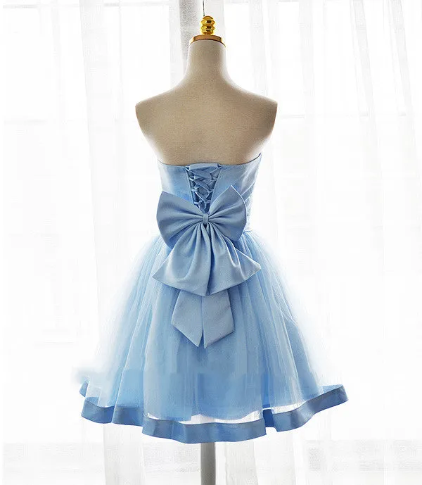 Light Blue Tulle Sweetheart with Bow Cute Party Dress, Blue Short Homecoming Dress Prom Dress