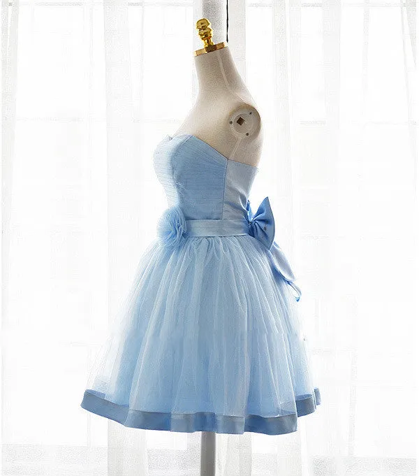 Light Blue Tulle Sweetheart with Bow Cute Party Dress, Blue Short Homecoming Dress Prom Dress