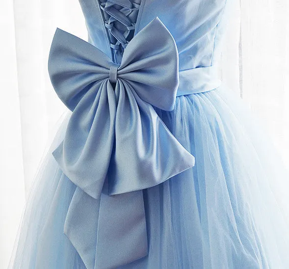 Light Blue Tulle Sweetheart with Bow Cute Party Dress, Blue Short Homecoming Dress Prom Dress