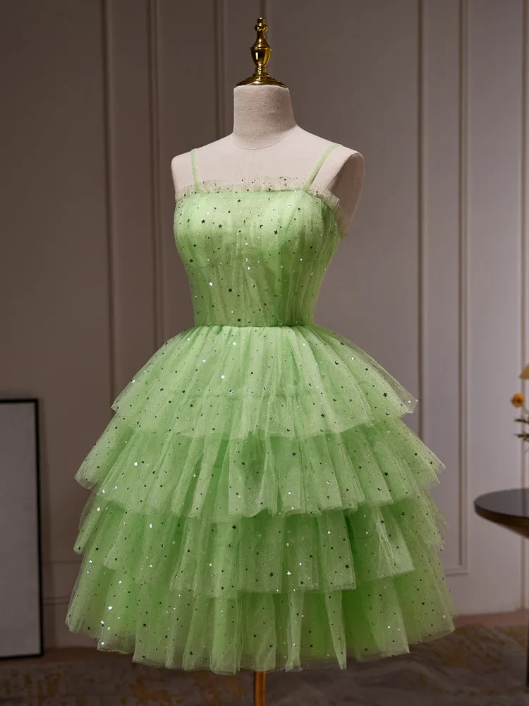 Light Green Tulle Straps Short Party Dress, Light Green Homecoming Dress Formal Dress