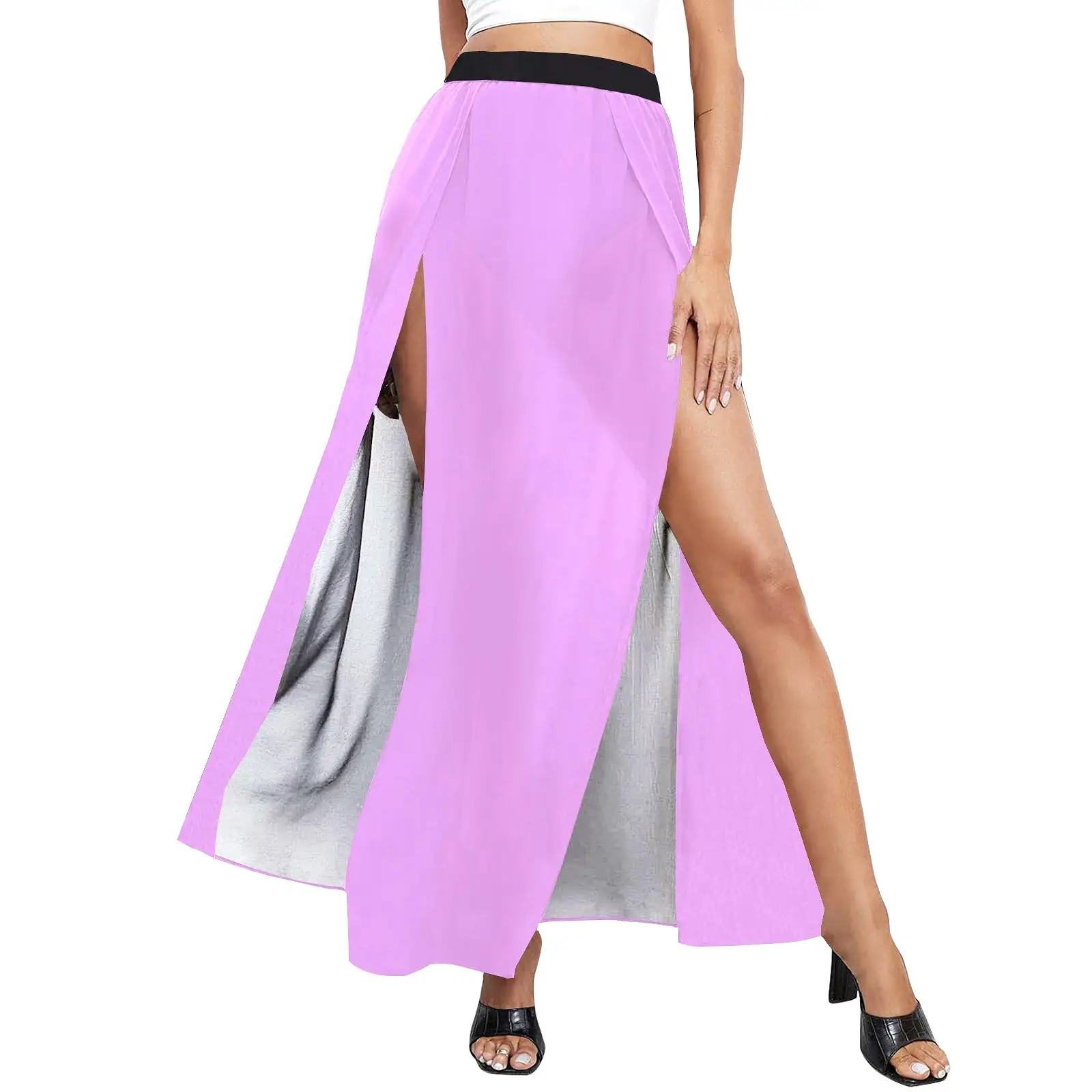 light purple pink solid High Slit Long Beach Dress (Model S40)