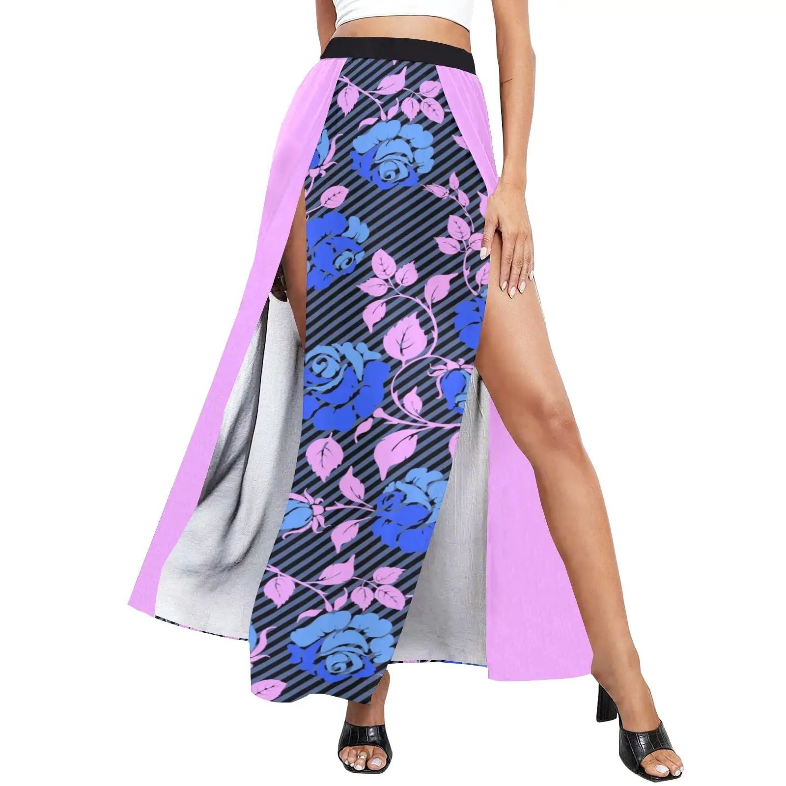 light purple pink solid High Slit Long Beach Dress (Model S40)