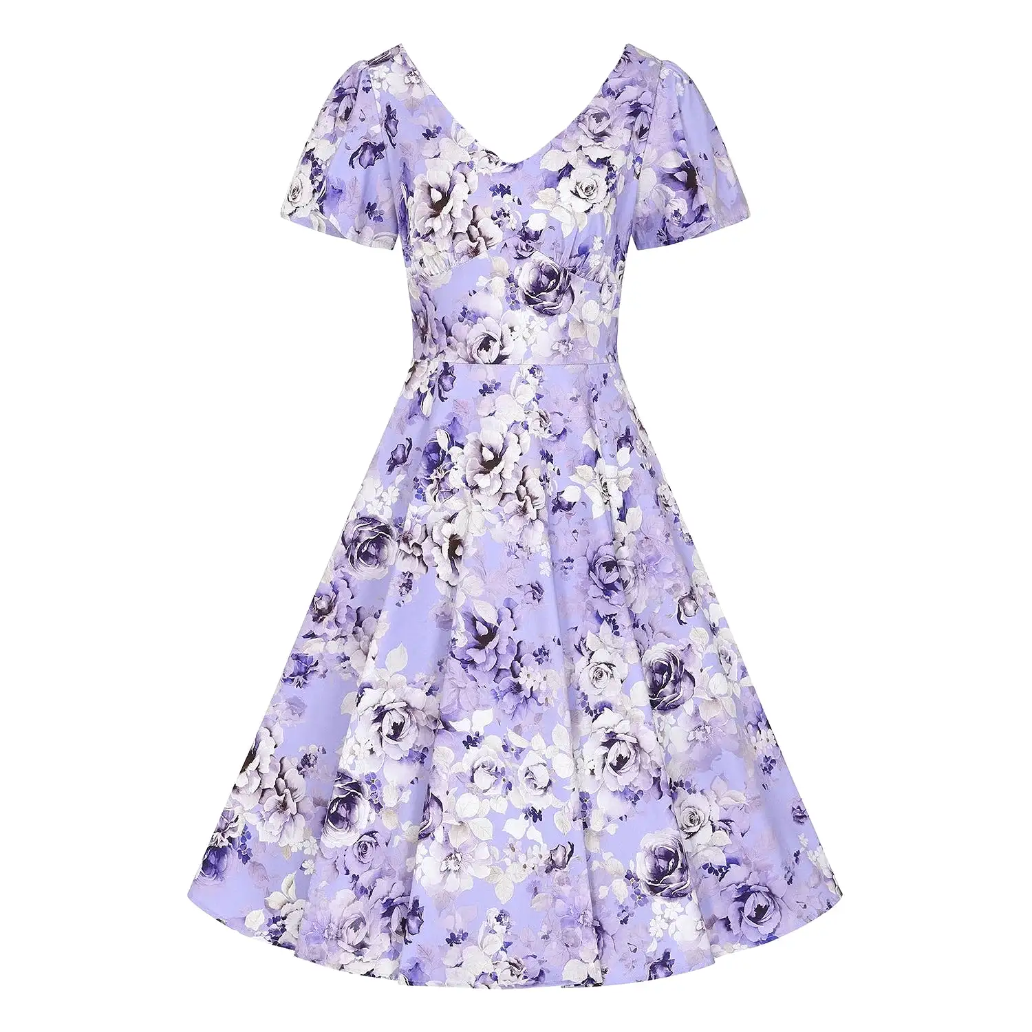 Lilac Floral Print Short Sleeve Swing Tea Dress