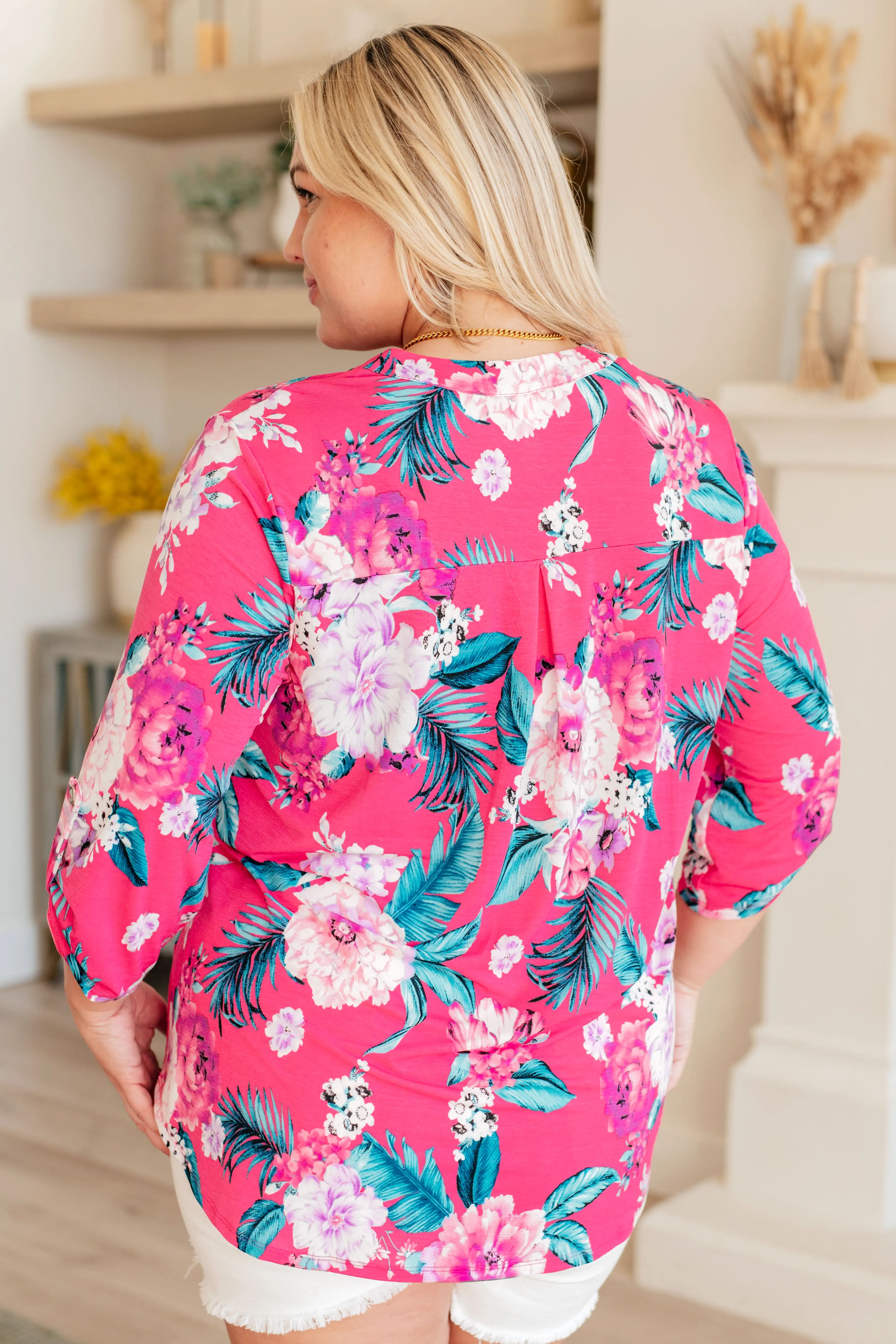 Lizzy Top in Magenta and Teal Tropical Floral