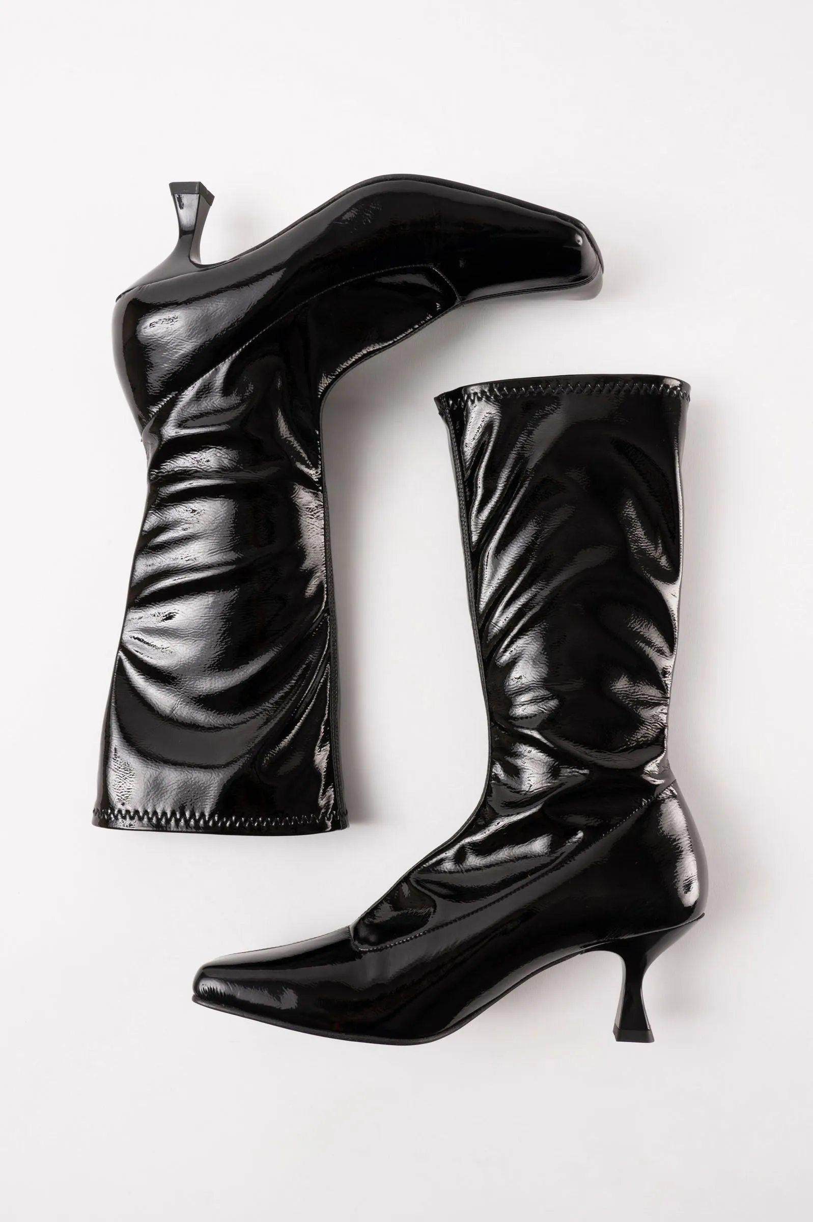 LOLA - Black Patent Stretch Faux Leather Ankle Boots