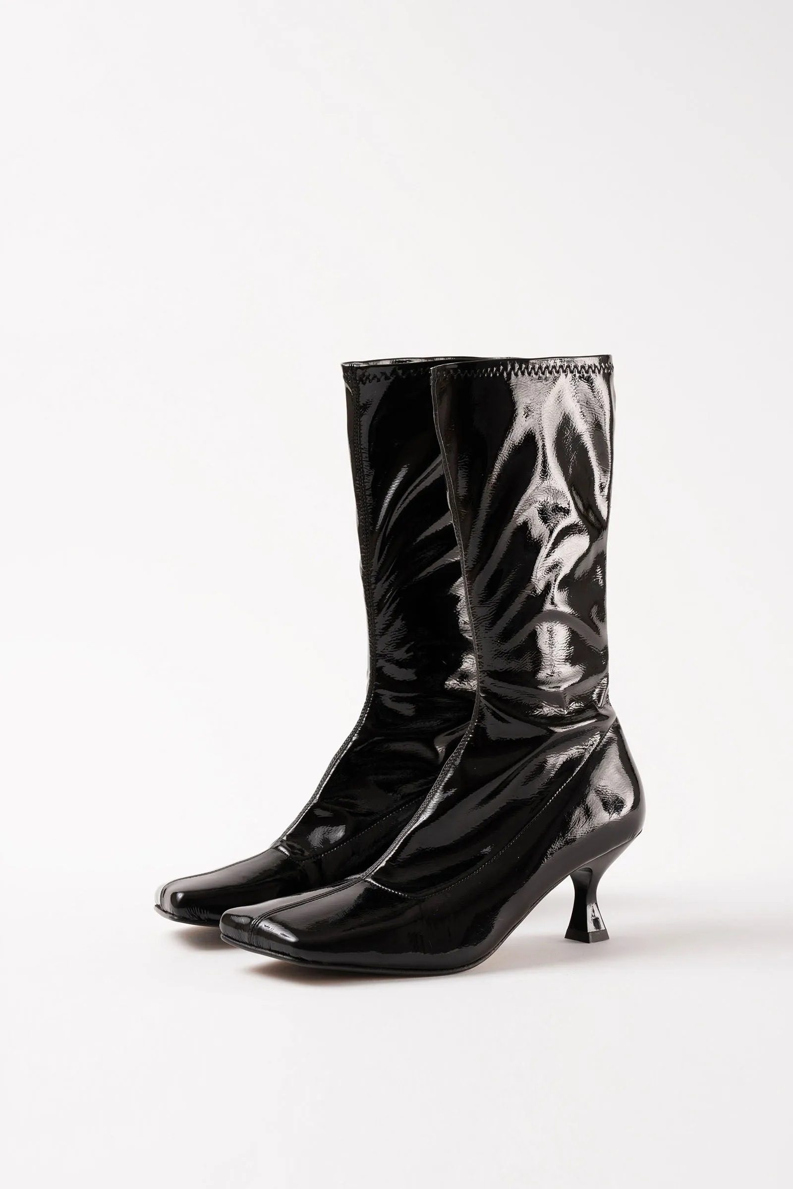 LOLA - Black Patent Stretch Faux Leather Ankle Boots