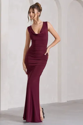 Lolita | Burgundy Ruched Cowl-Neck Sleeveless Maxi Dress