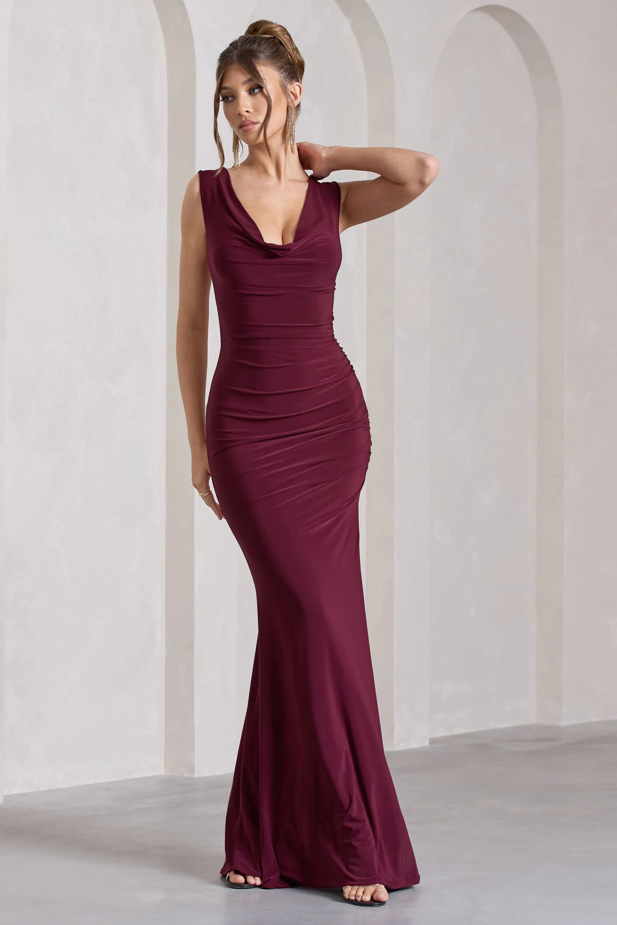 Lolita | Burgundy Ruched Cowl-Neck Sleeveless Maxi Dress