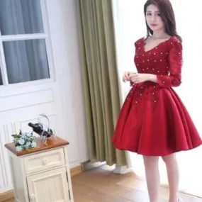 Long sleeve blush red v-neck elegant stain elegant homecoming prom gown dress,BD0015