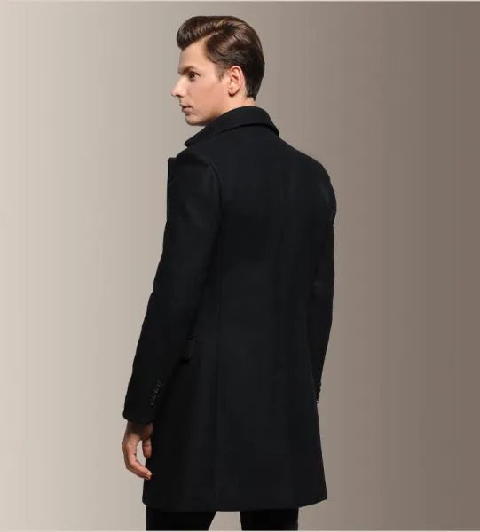 Long slim fit wool coat for men with single button closure