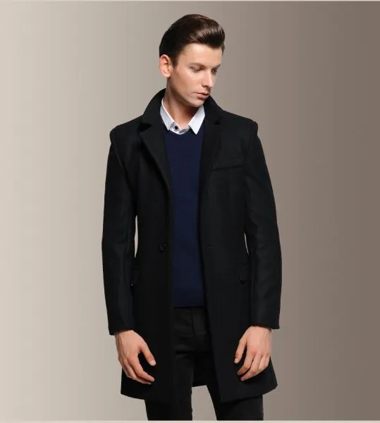 Long slim fit wool coat for men with single button closure