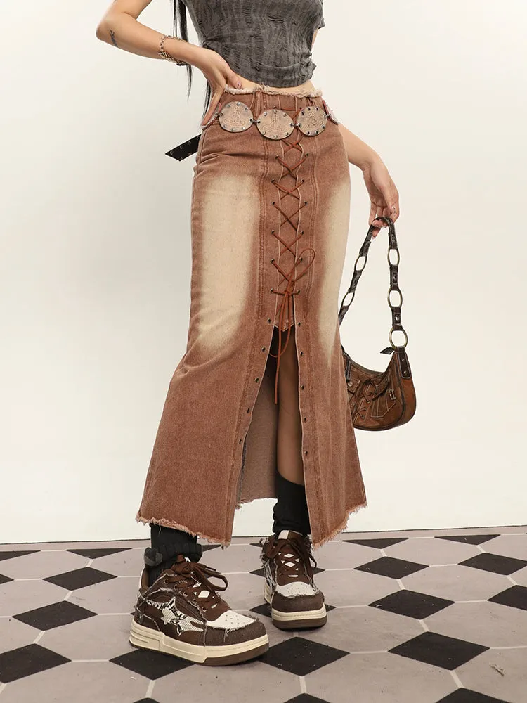 Lora Denim Brown Washed Lace Up High Waist Front Slit Slim Jeans Long Skirt