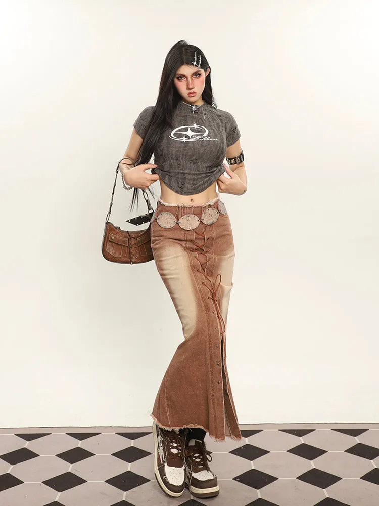 Lora Denim Brown Washed Lace Up High Waist Front Slit Slim Jeans Long Skirt