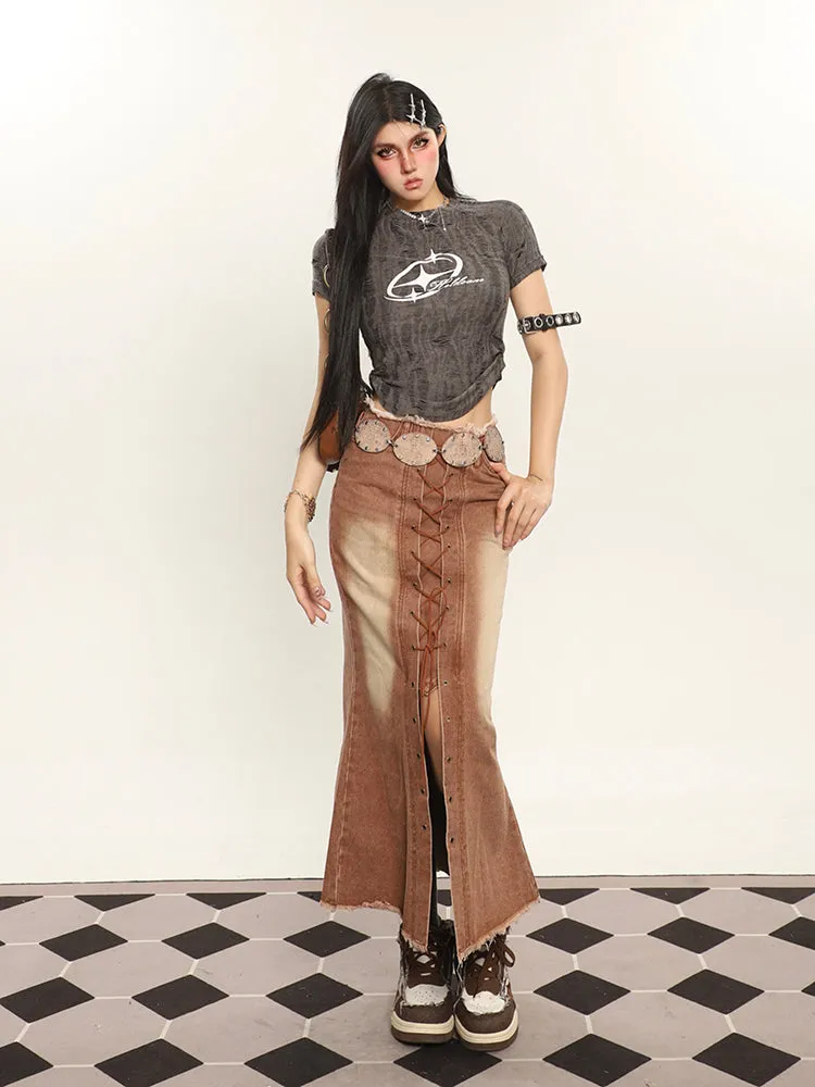 Lora Denim Brown Washed Lace Up High Waist Front Slit Slim Jeans Long Skirt