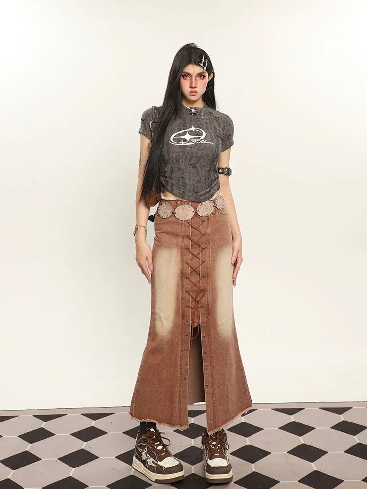 Lora Denim Brown Washed Lace Up High Waist Front Slit Slim Jeans Long Skirt