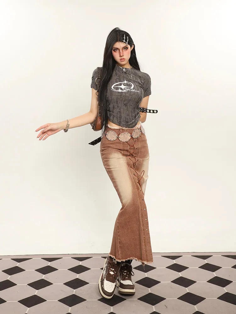 Lora Denim Brown Washed Lace Up High Waist Front Slit Slim Jeans Long Skirt