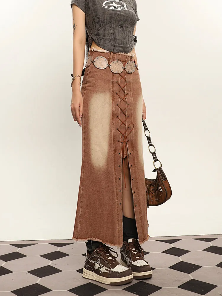 Lora Denim Brown Washed Lace Up High Waist Front Slit Slim Jeans Long Skirt