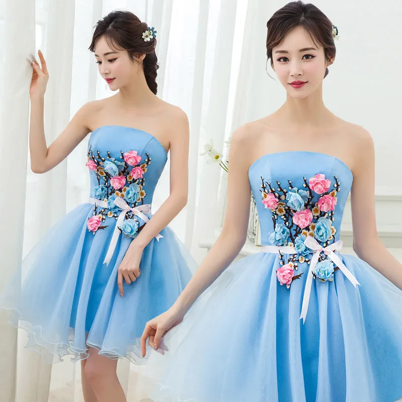 Lovely Blue Organza Short Party Dress with Flowers, Blue Homecoming Dress