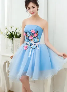 Lovely Blue Organza Short Party Dress with Flowers, Blue Homecoming Dress