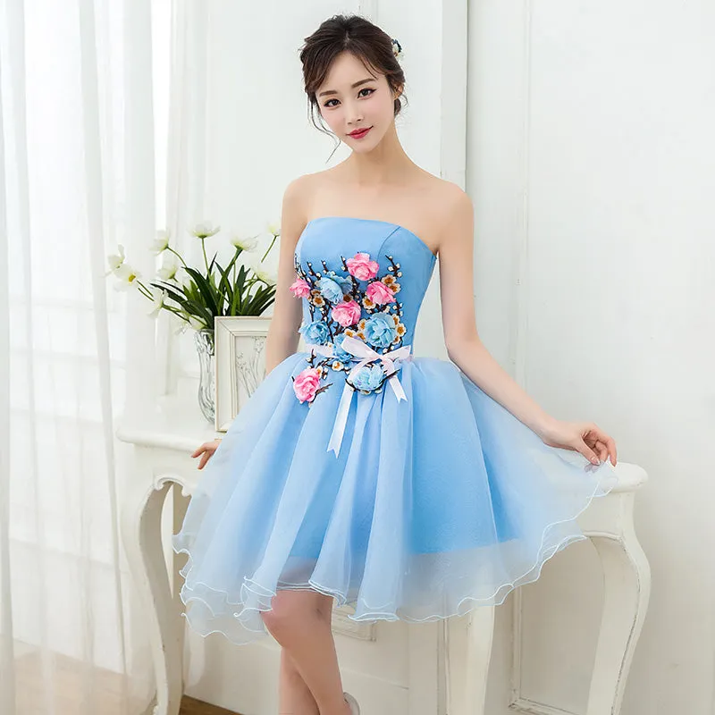 Lovely Blue Organza Short Party Dress with Flowers, Blue Homecoming Dress