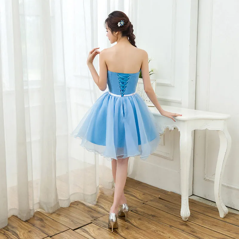 Lovely Blue Organza Short Party Dress with Flowers, Blue Homecoming Dress