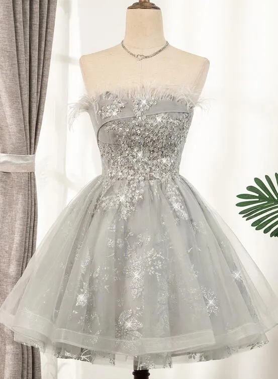 Lovely Grey Tulle with Shiny Lace Short Party Dress Homecoming Dress, Cute Prom Dress