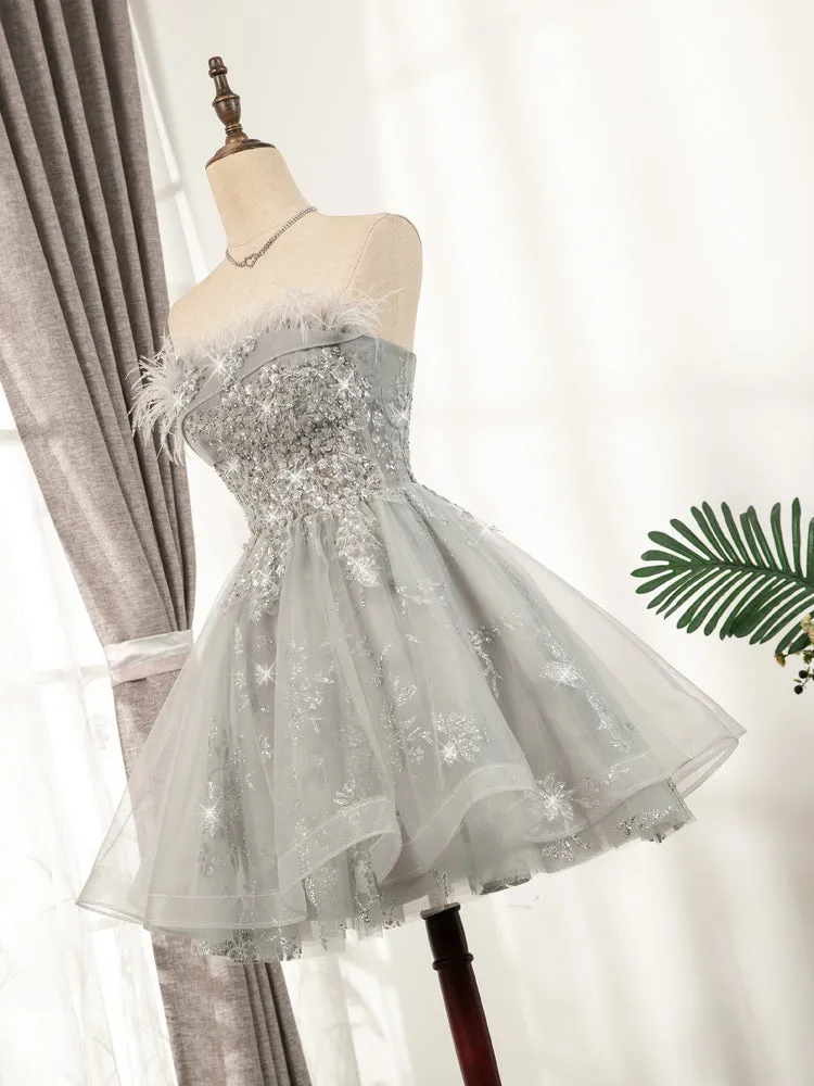 Lovely Grey Tulle with Shiny Lace Short Party Dress Homecoming Dress, Cute Prom Dress