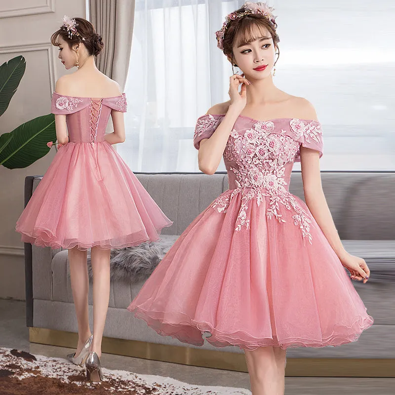 Lovely Pink Lace Applique Off Shoulder Cute Party Dress Homecoming Dress, Short Formal Dress