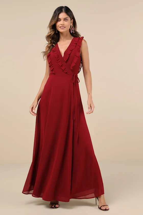 Major Elegance Wine Red Sleeveless Ruffled Wrap Maxi Dress