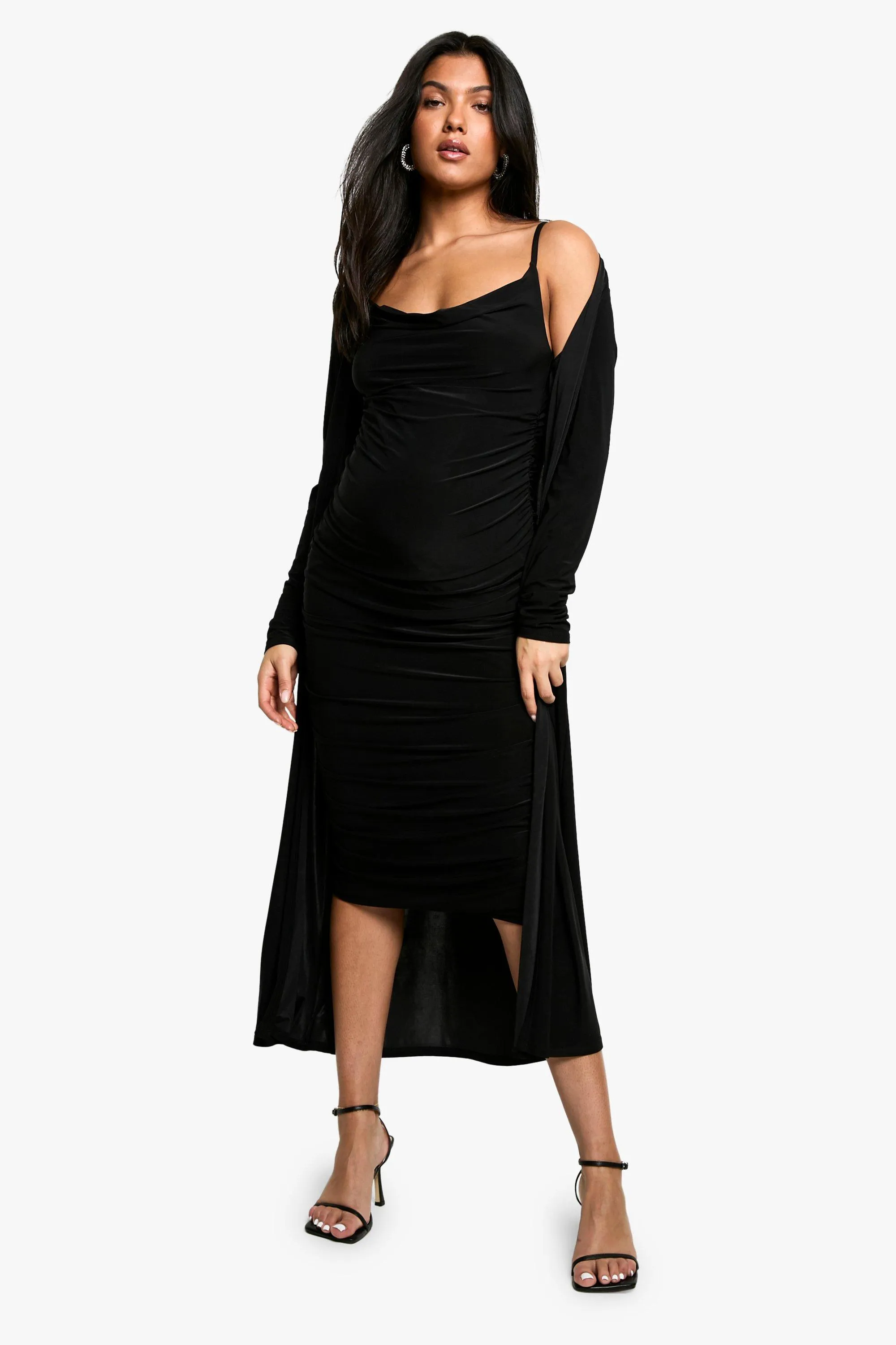 Maternity Strappy Cowl Neck Dress And Duster Coat