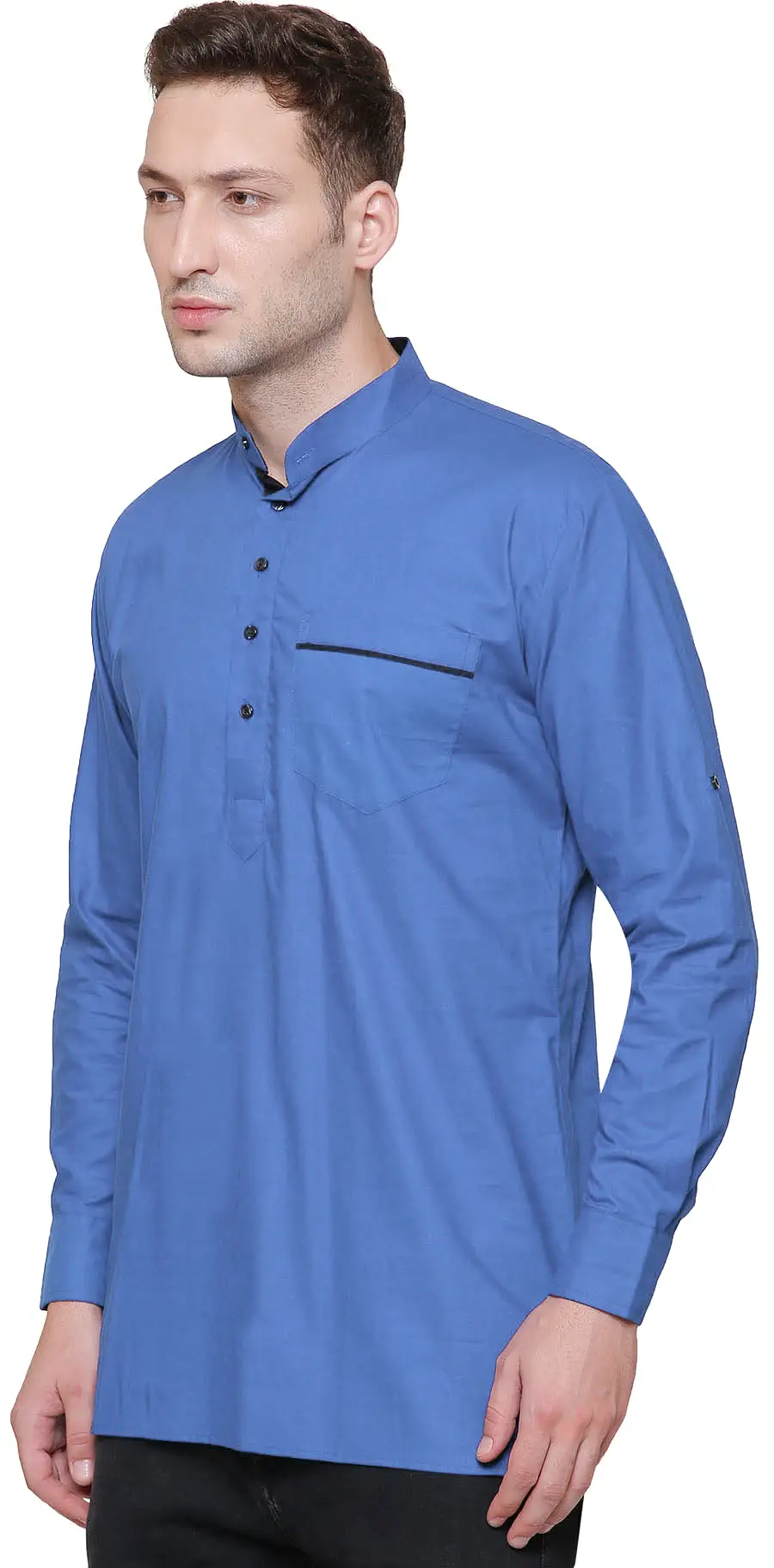 Men's Short Kurta Cotton Indian Fashion Clothes (Light Blue)