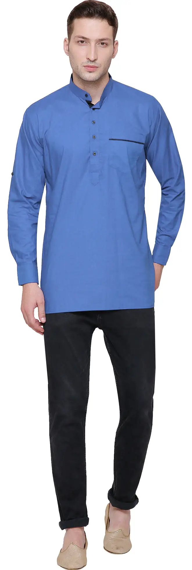 Men's Short Kurta Cotton Indian Fashion Clothes (Light Blue)