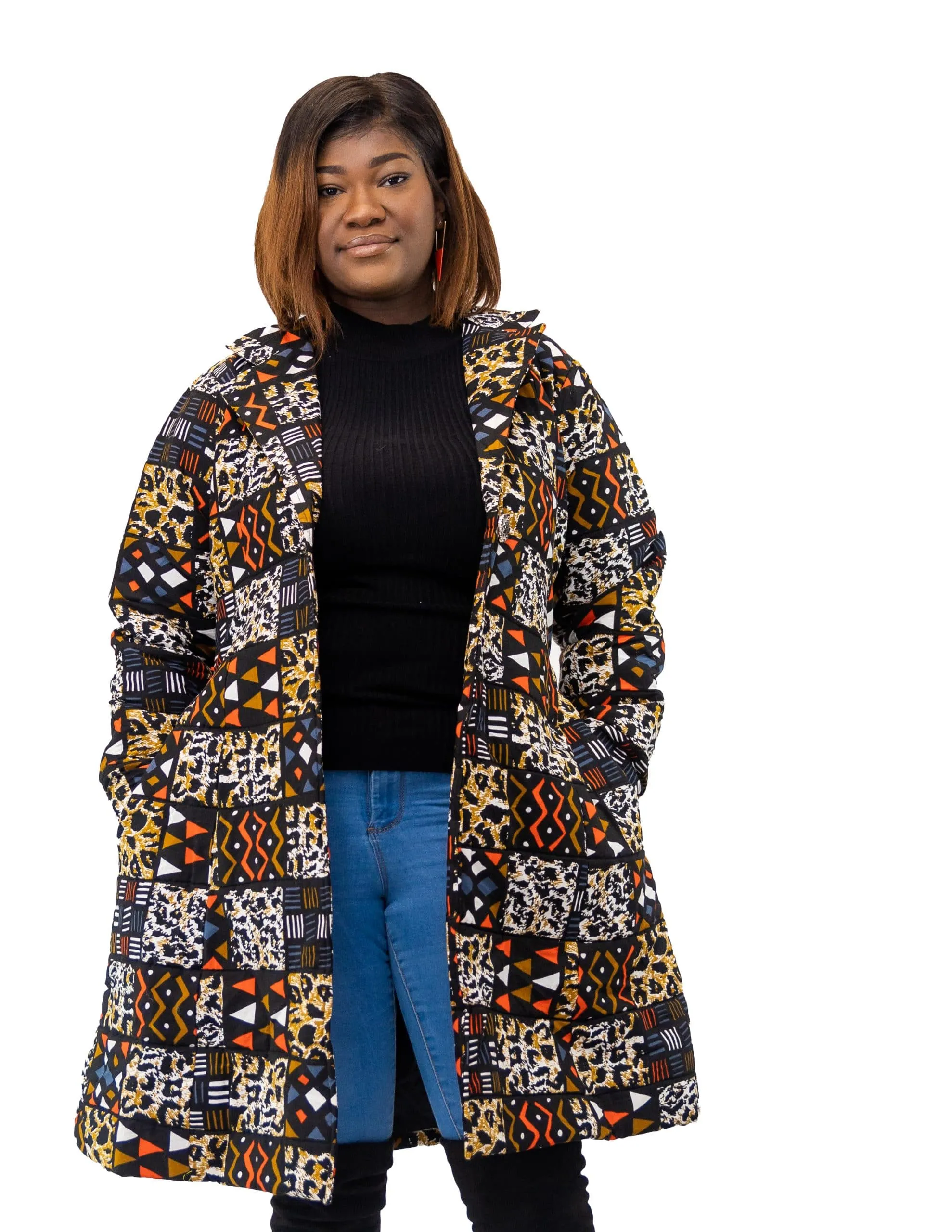 Mia Blue African Patchwork Print Coat - African Clothing Store | JT Aphrique