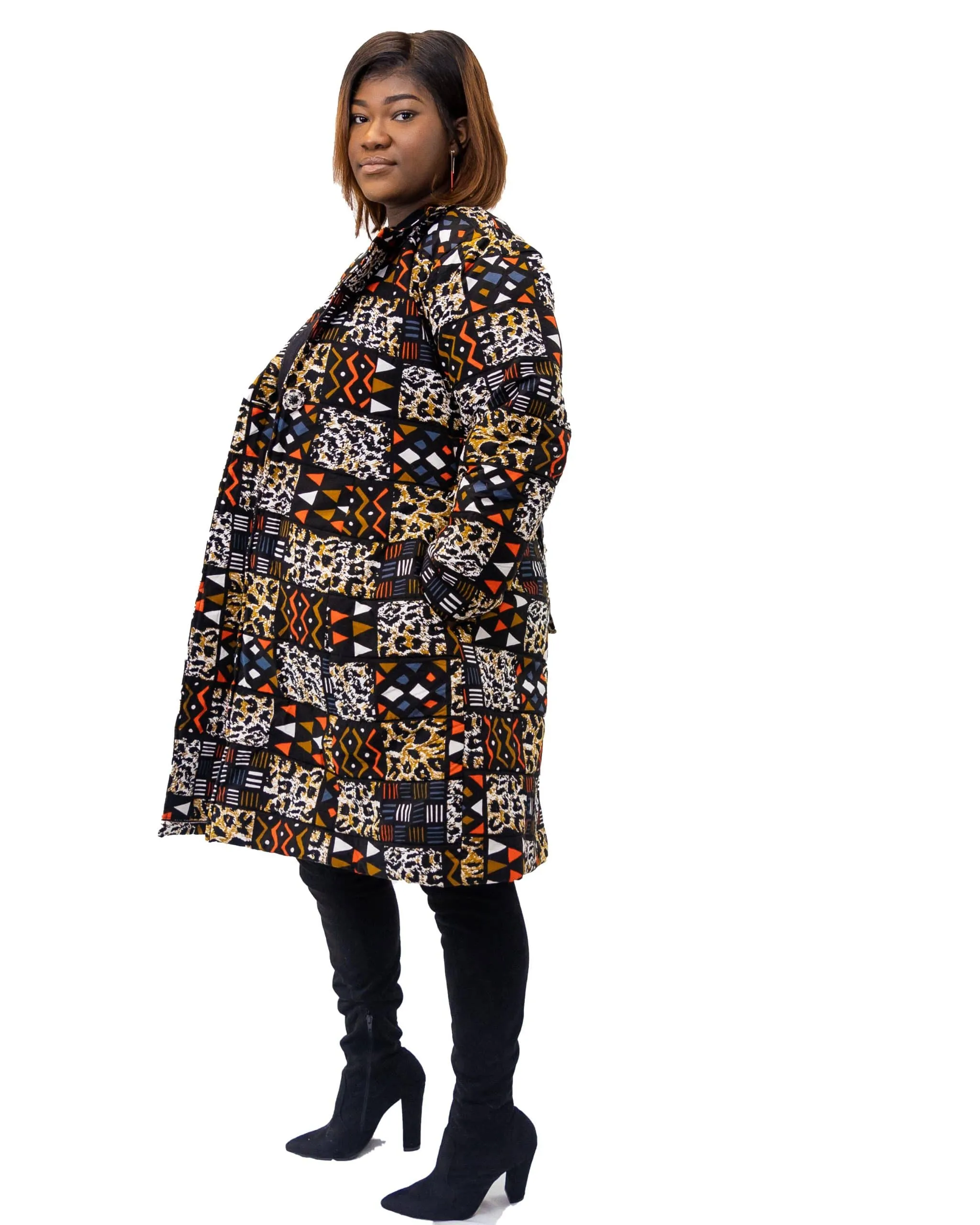 Mia Blue African Patchwork Print Coat - African Clothing Store | JT Aphrique