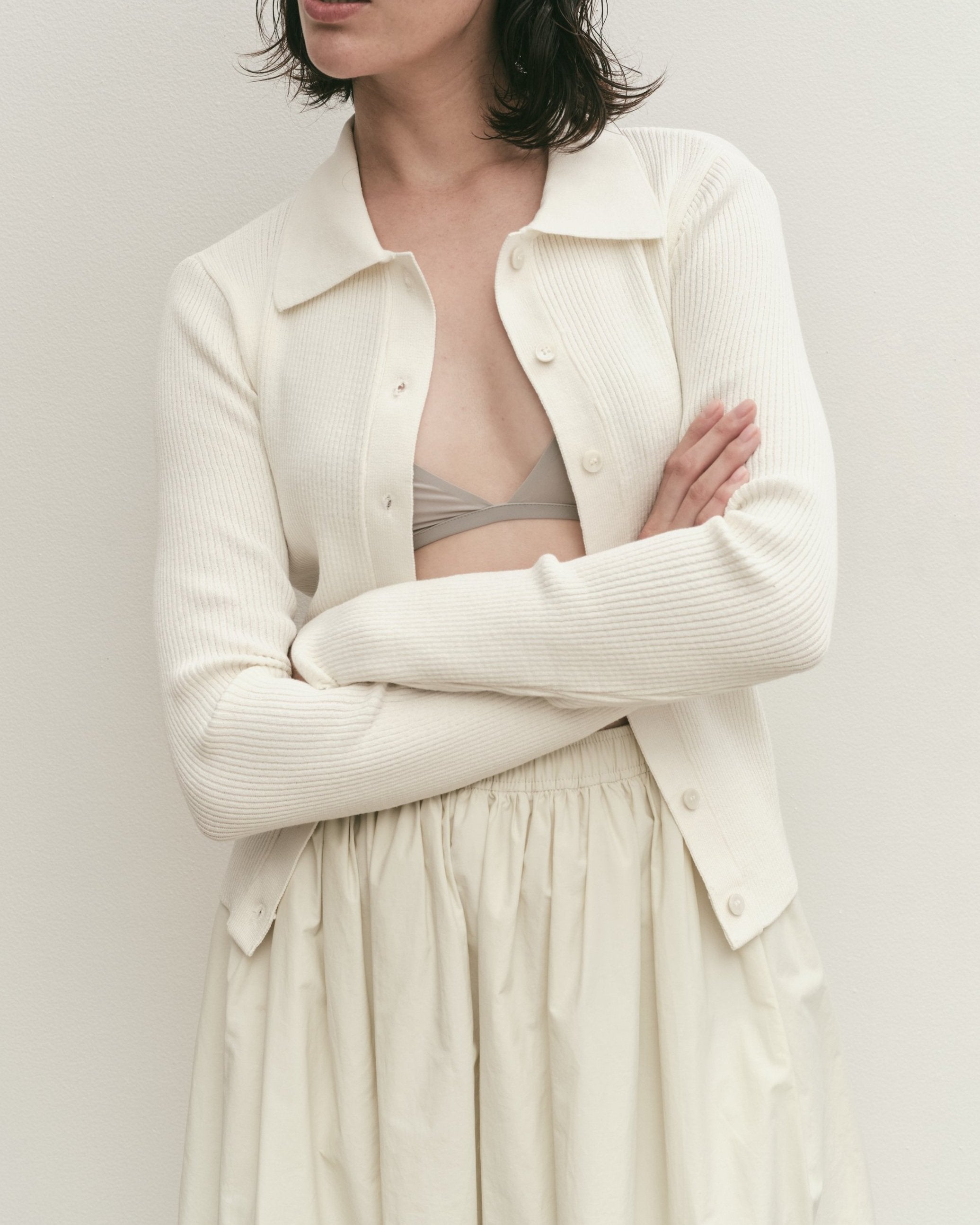 Mijeong Park Ribbed Short Cardigan in Ivory